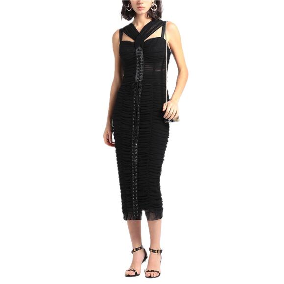 NWT Dolce & Gabbana Black lace-up corset midi Tulle Ruched Bustier Dress 46 XL - Picture 3 of 12